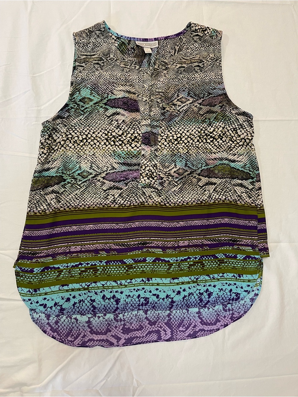 Dana Buchman Womens Snakeskin Geometric Print Sleeveless Blouse Purple Green L